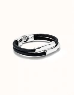 Pulsera doble cuero marron con dos tubos bañada en plata de ley