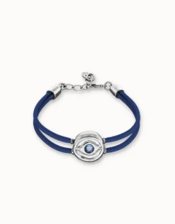 Pulsera doble de cuero azul con ojo bañado en plata de ley