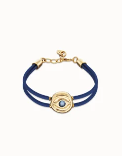 Pulsera doble de cuero azul con ojo bañado en oro 18k