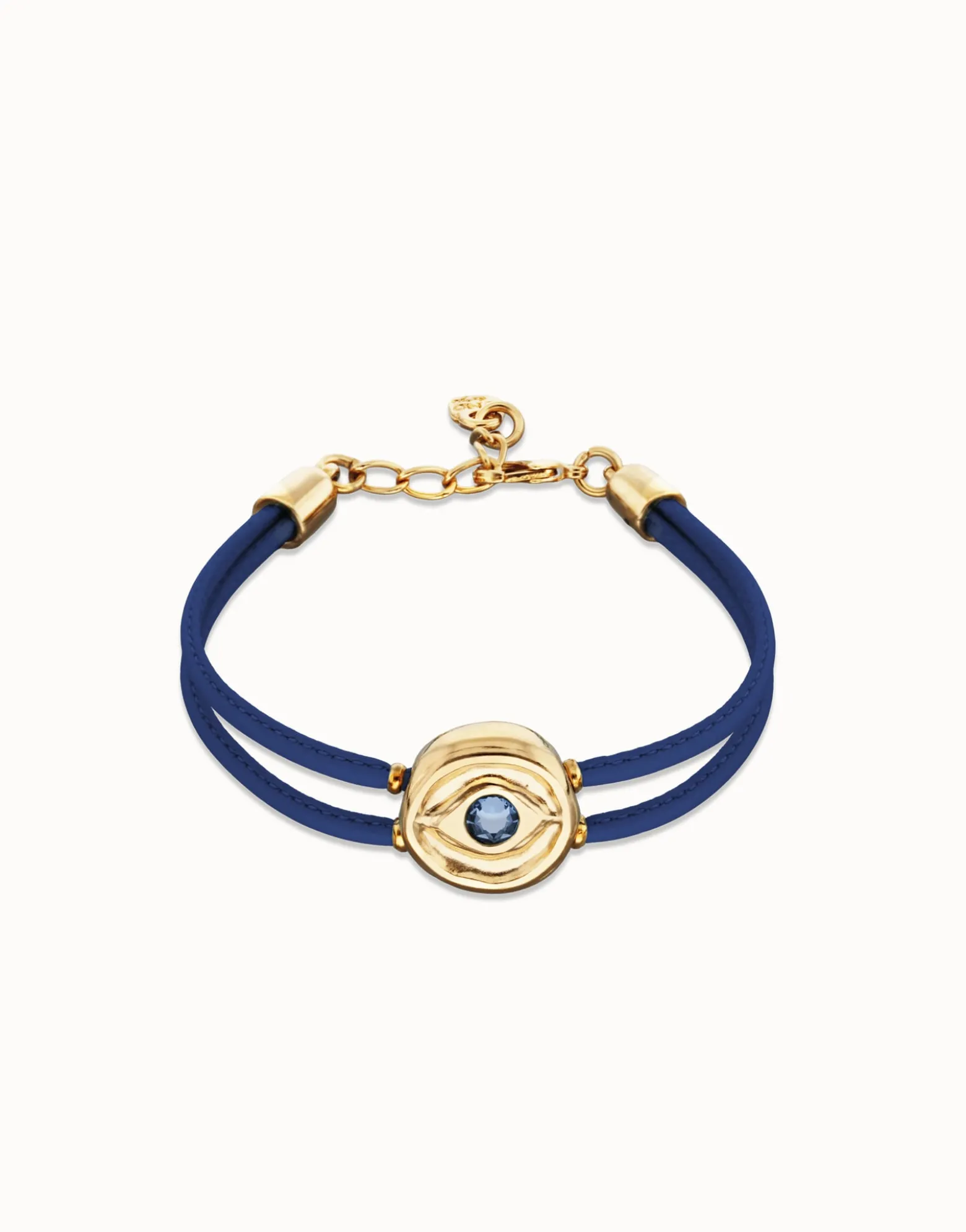 Pulsera doble de cuero azul con ojo bañado en oro 18k