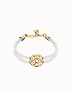 Pulsera doble de cuero blanco con ojo bañado en oro 18k