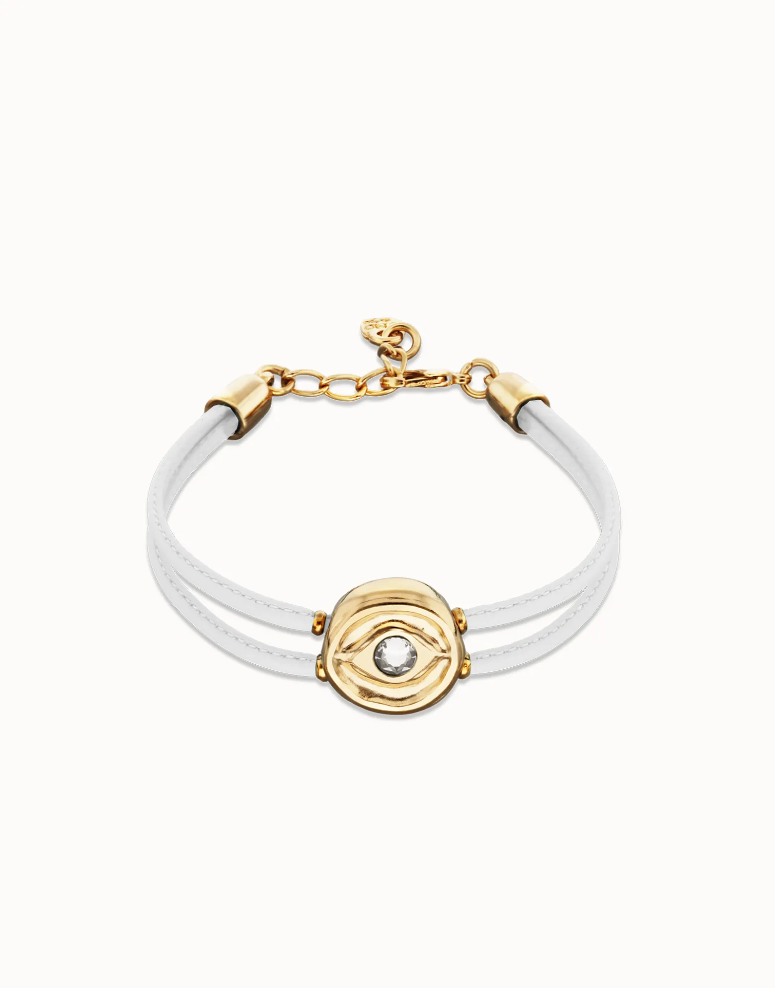 Pulsera doble de cuero blanco con ojo bañado en oro 18k