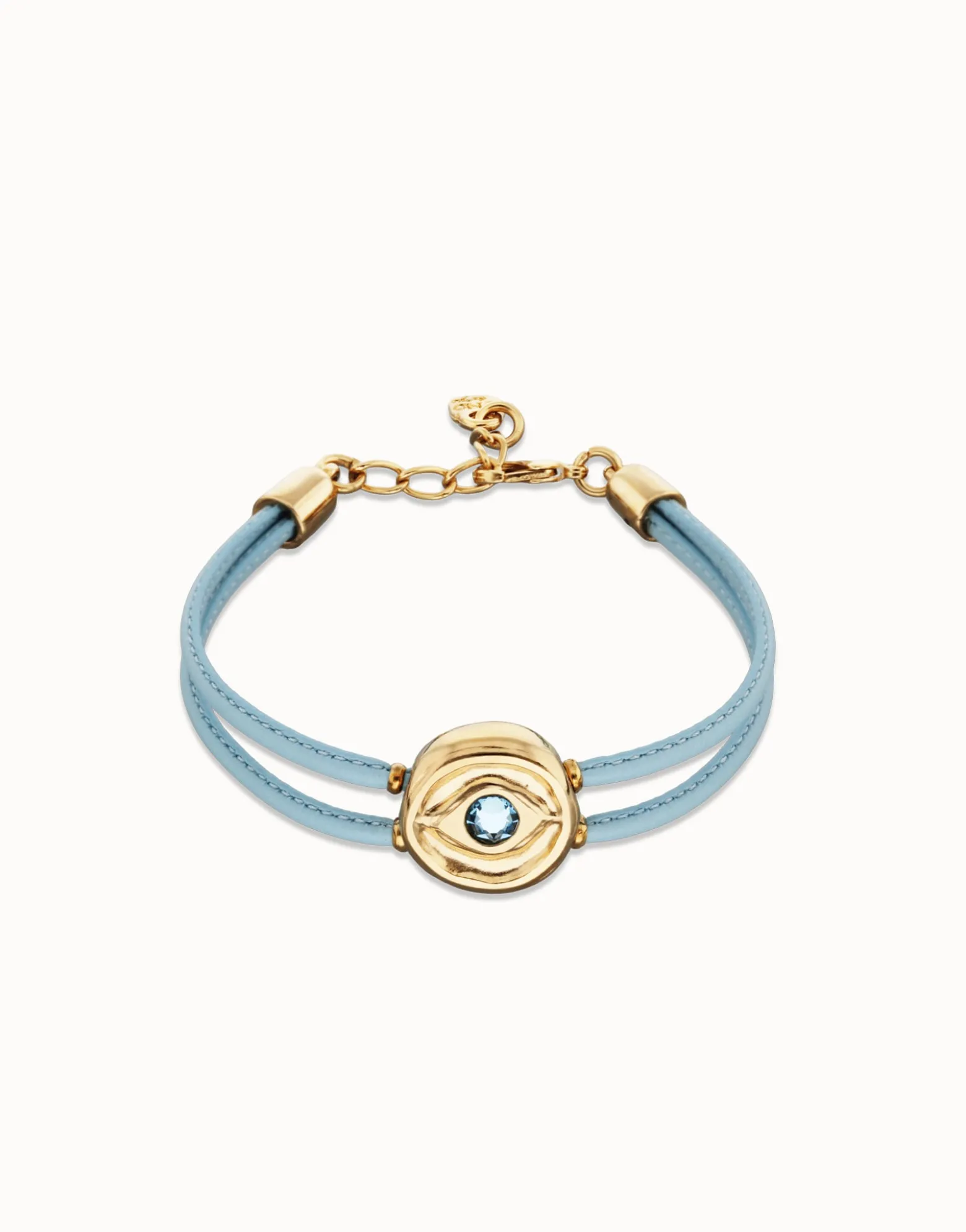 Pulsera doble de cuero celeste con ojo bañado en oro 18k