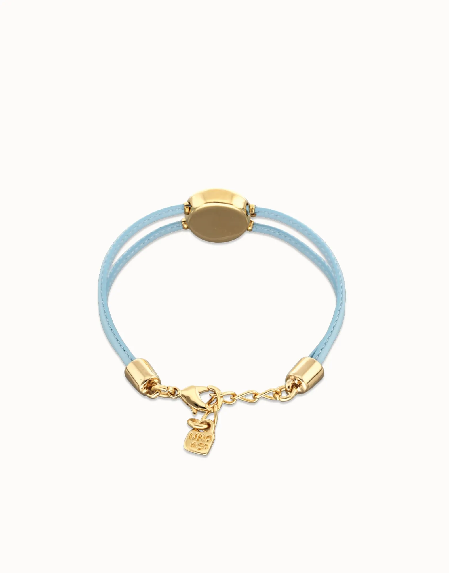 Pulsera doble de cuero celeste con ojo bañado en oro 18k