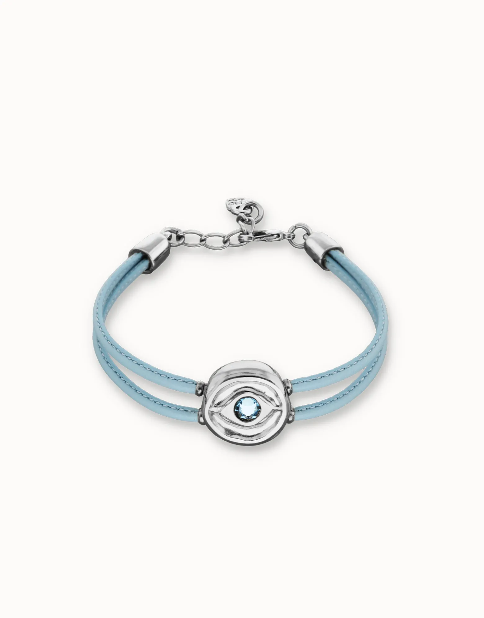 Pulsera doble de cuero celeste con ojo bañado en plata de ley
