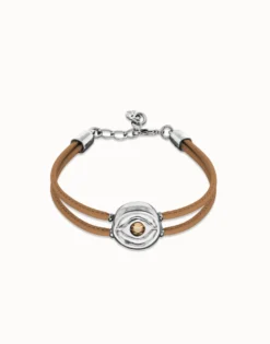 Pulsera doble de cuero crema con ojo bañado en plata de ley