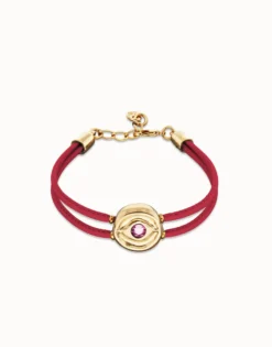 Pulsera doble de cuero fucsia con ojo bañado en oro 18k