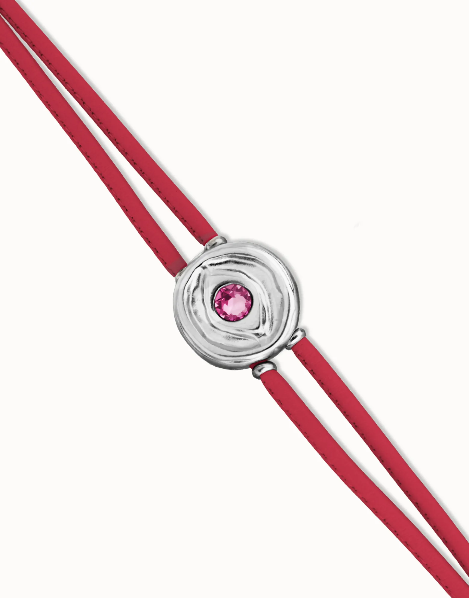 Pulsera doble de cuero fucsia con ojo bañado en plata de ley