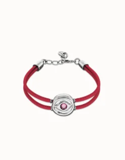Pulsera doble de cuero fucsia con ojo bañado en plata de ley