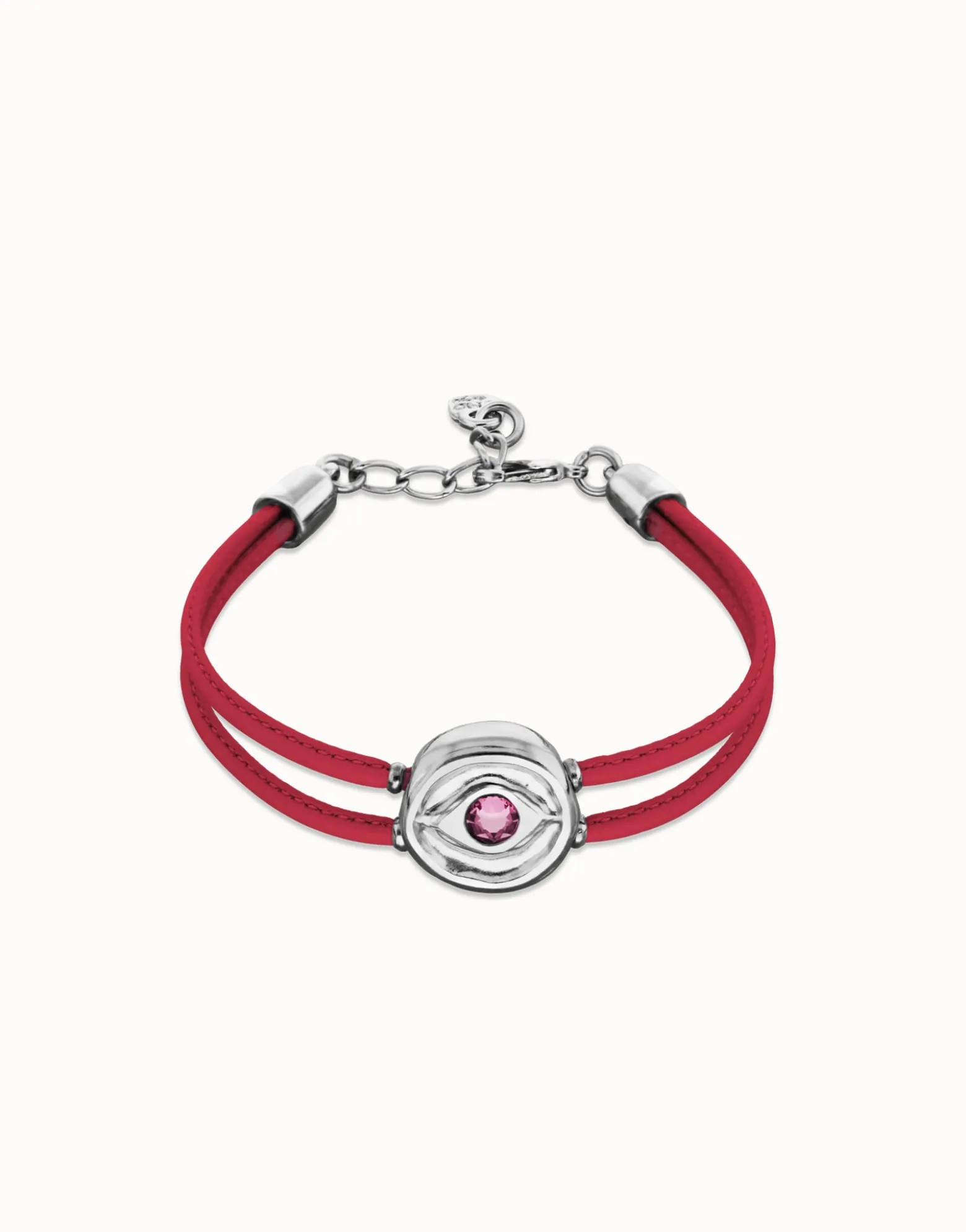 Pulsera doble de cuero fucsia con ojo bañado en plata de ley
