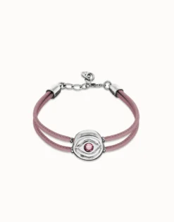 Pulsera doble de cuero lila con ojo bañado en plata de ley