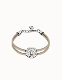 Pulsera doblede cuero marfil con ojo bañado en plata de ley