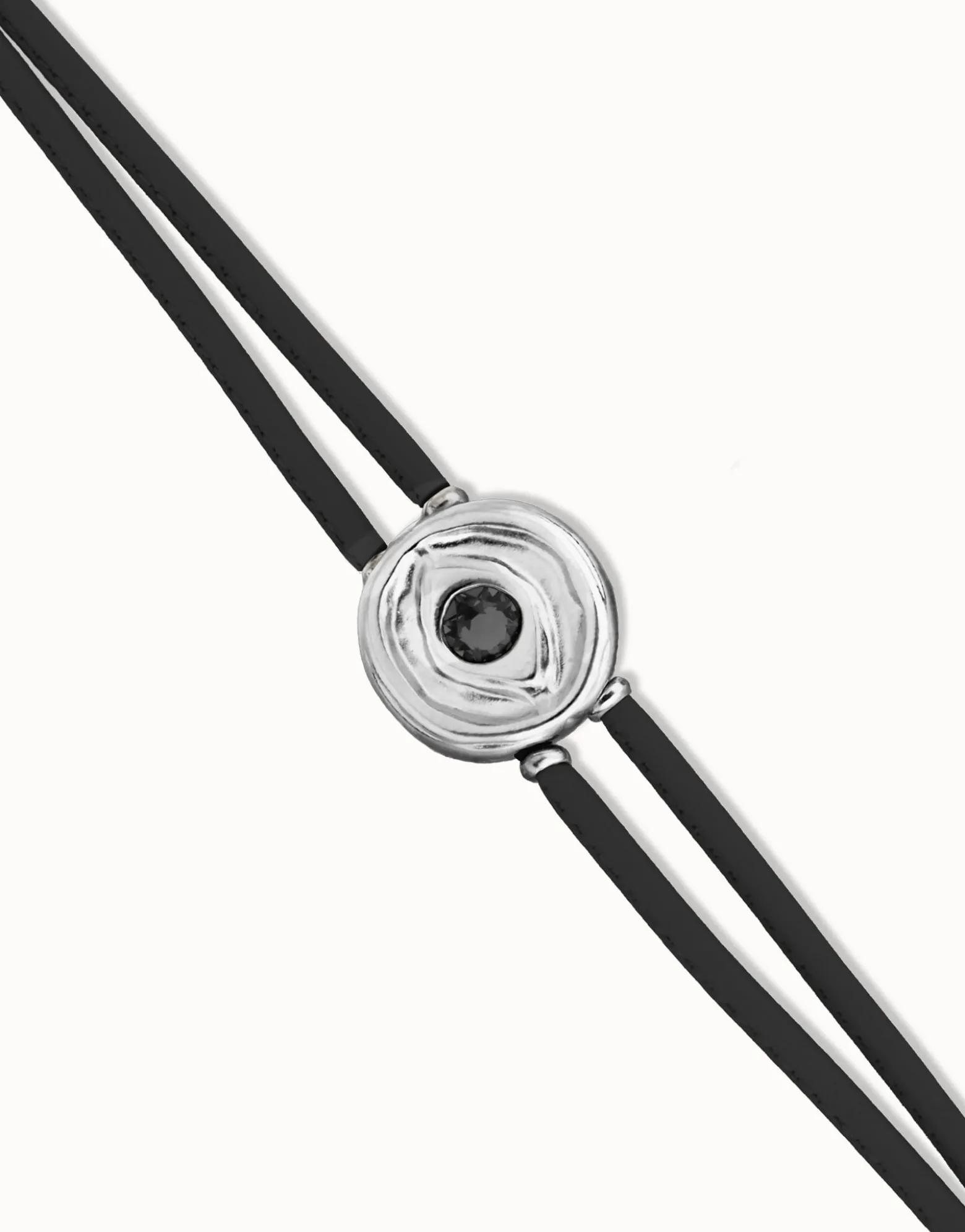 Pulsera doble de cuero negro con ojo bañado en plata de ley