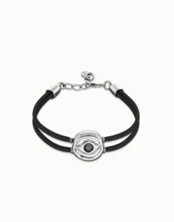 Pulsera doble de cuero negro con ojo bañado en plata de ley