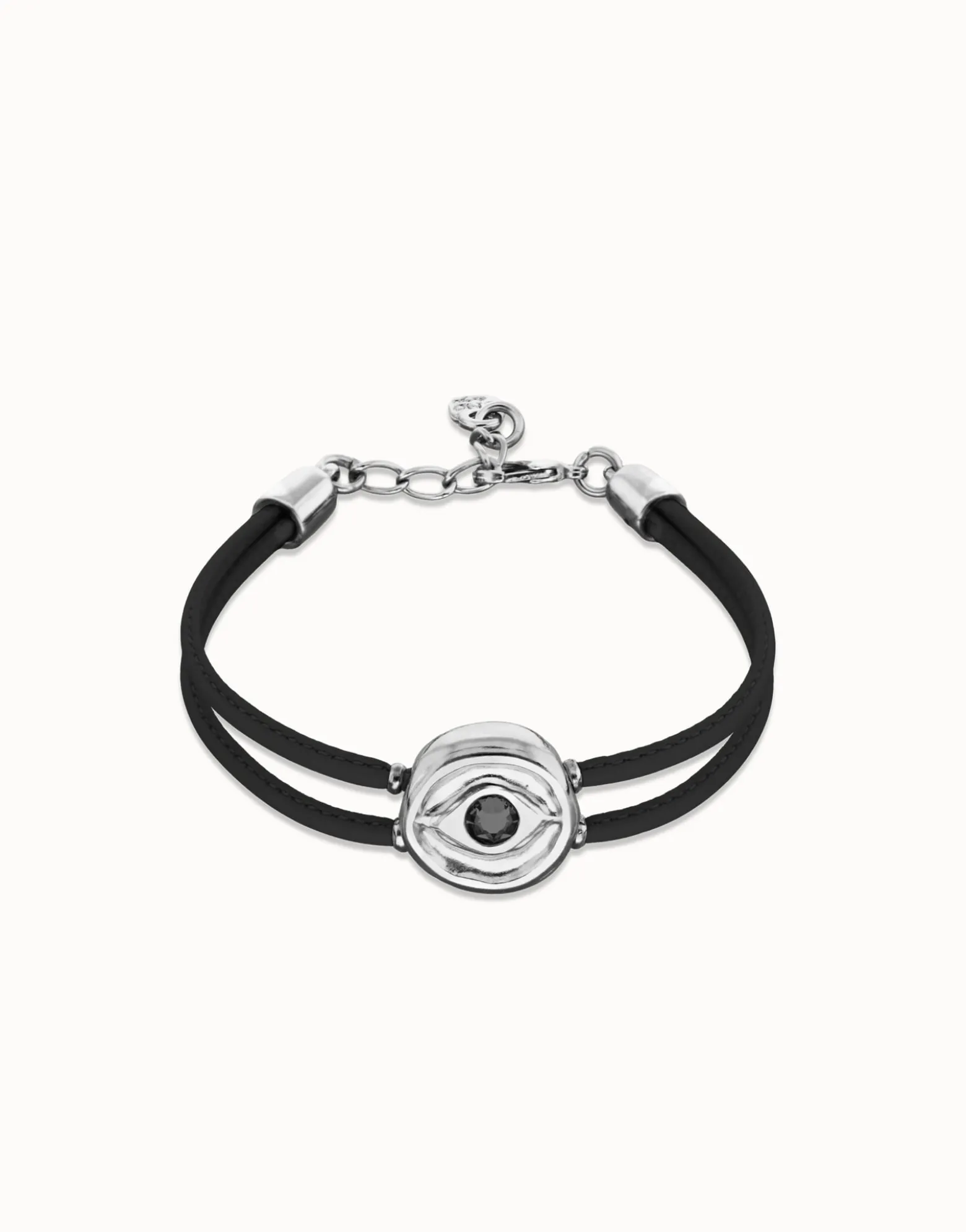 Pulsera doble de cuero negro con ojo bañado en plata de ley