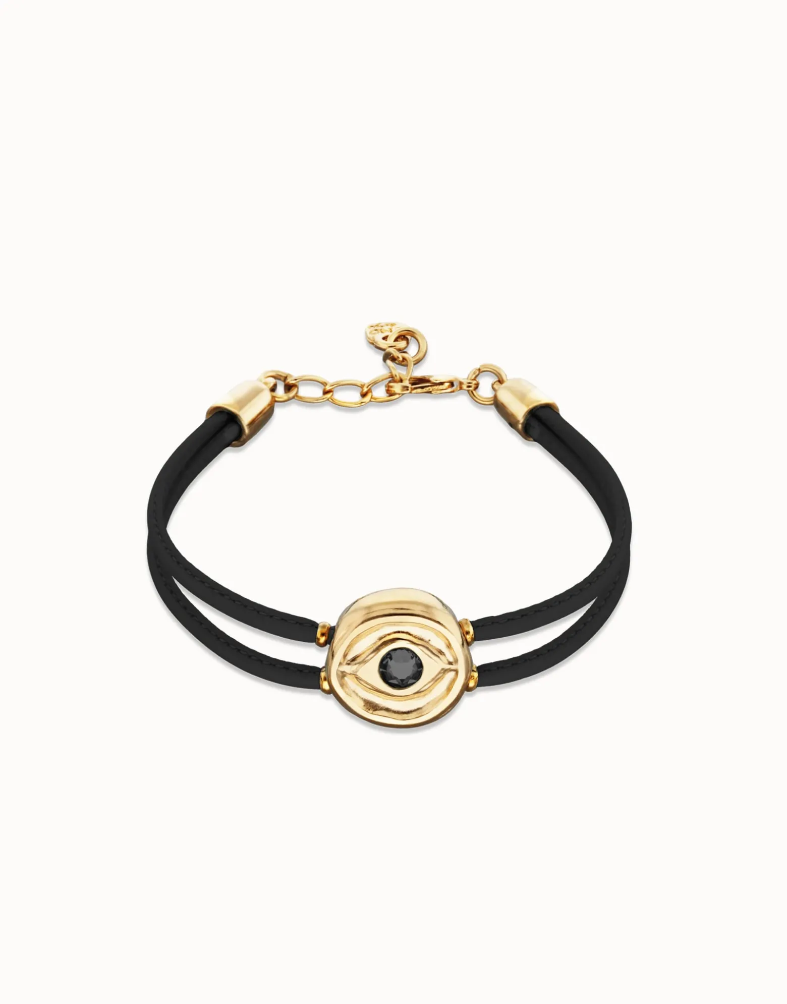 Pulsera doble de cuero negro con ojo bañado en oro 18k