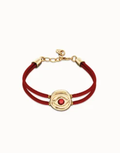 Pulsera doble de cuero rojo con ojo bañado en oro 18k