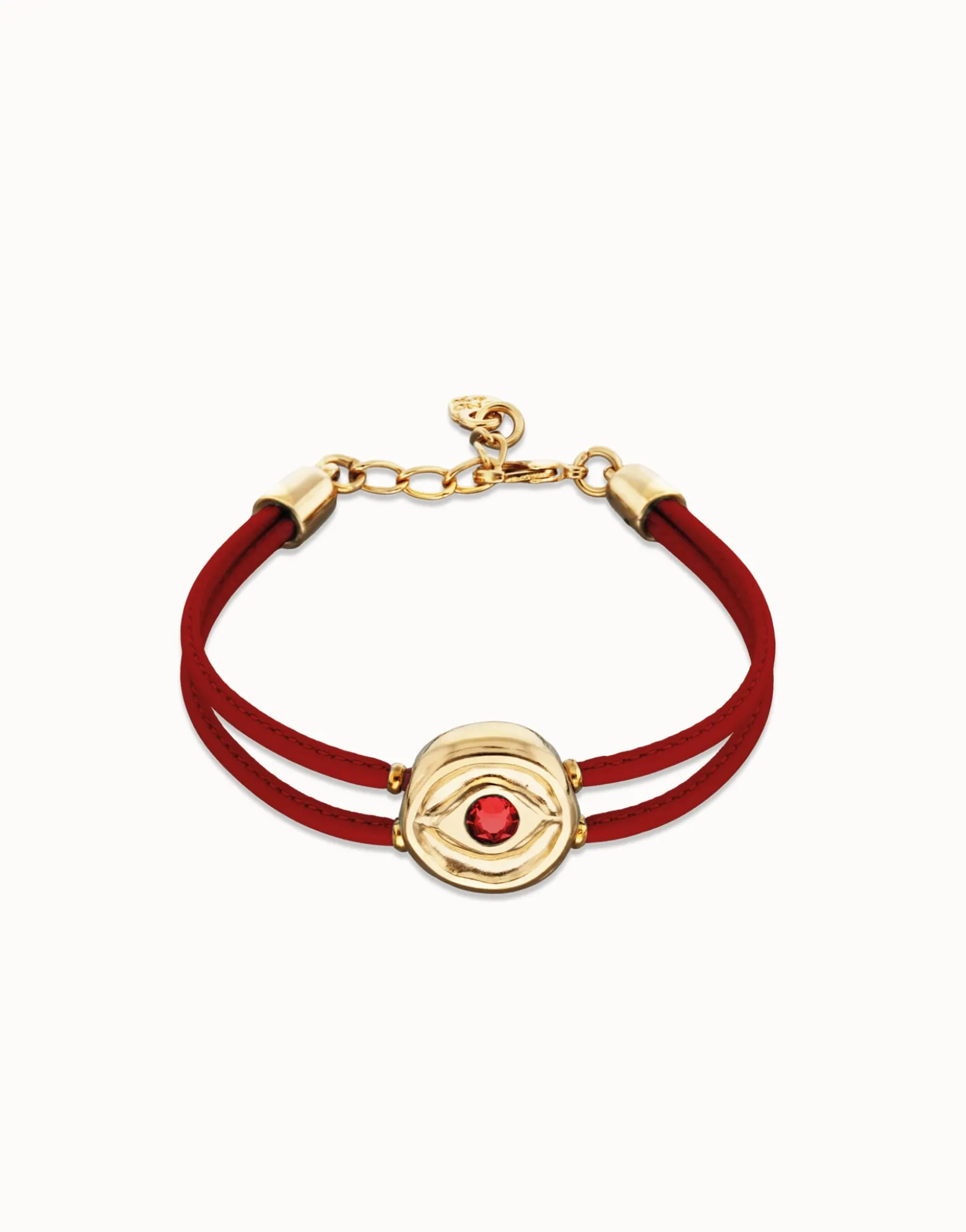 Pulsera doble de cuero rojo con ojo bañado en oro 18k