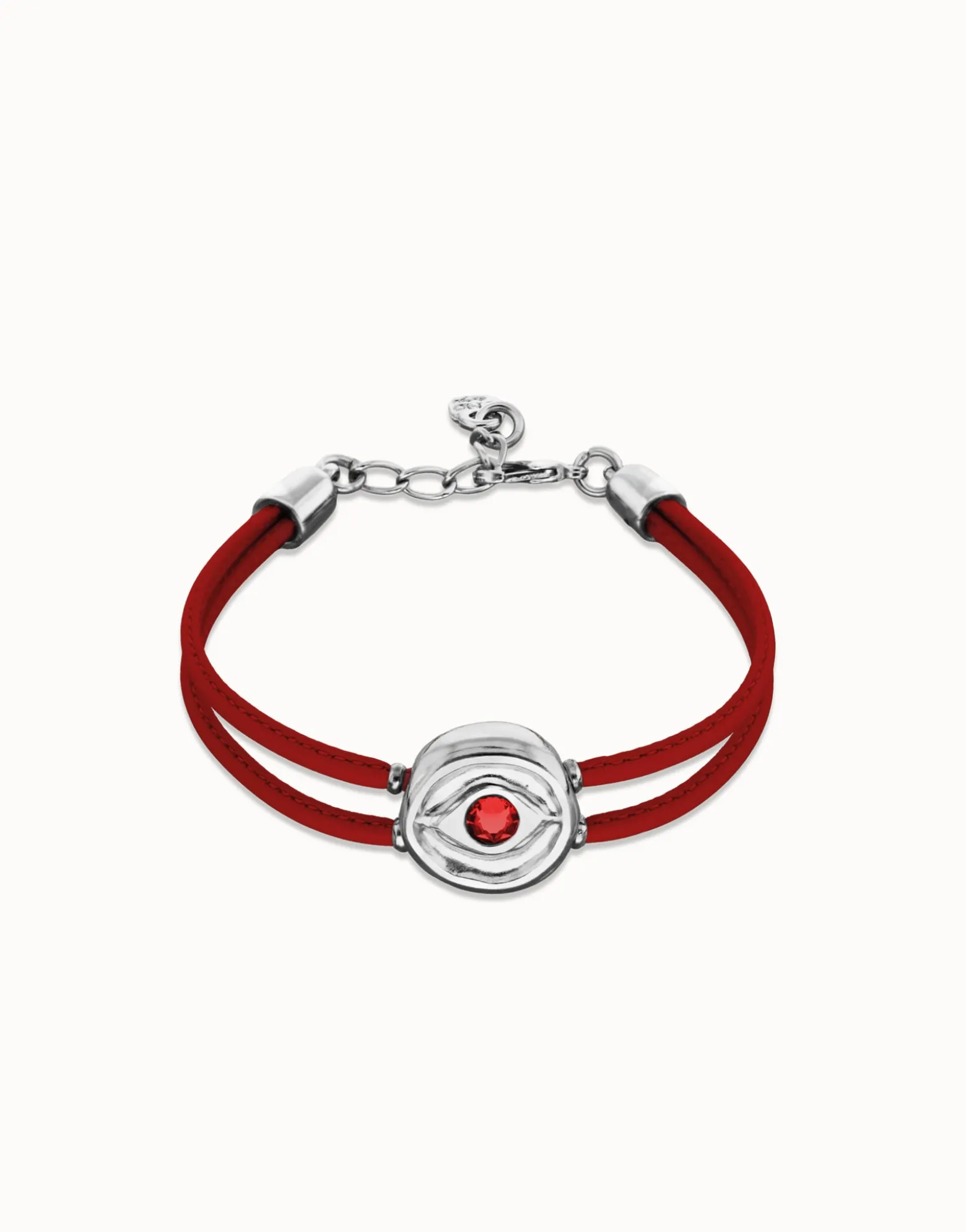 Pulsera doble de cuero rojo con ojo bañado en plata de ley