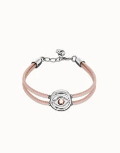 Pulsera doble de cuero rosa con ojo bañado en plata de ley