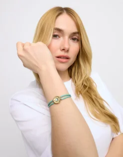 Pulsera doble de cuero turquesa con ojo bañado en oro 18k