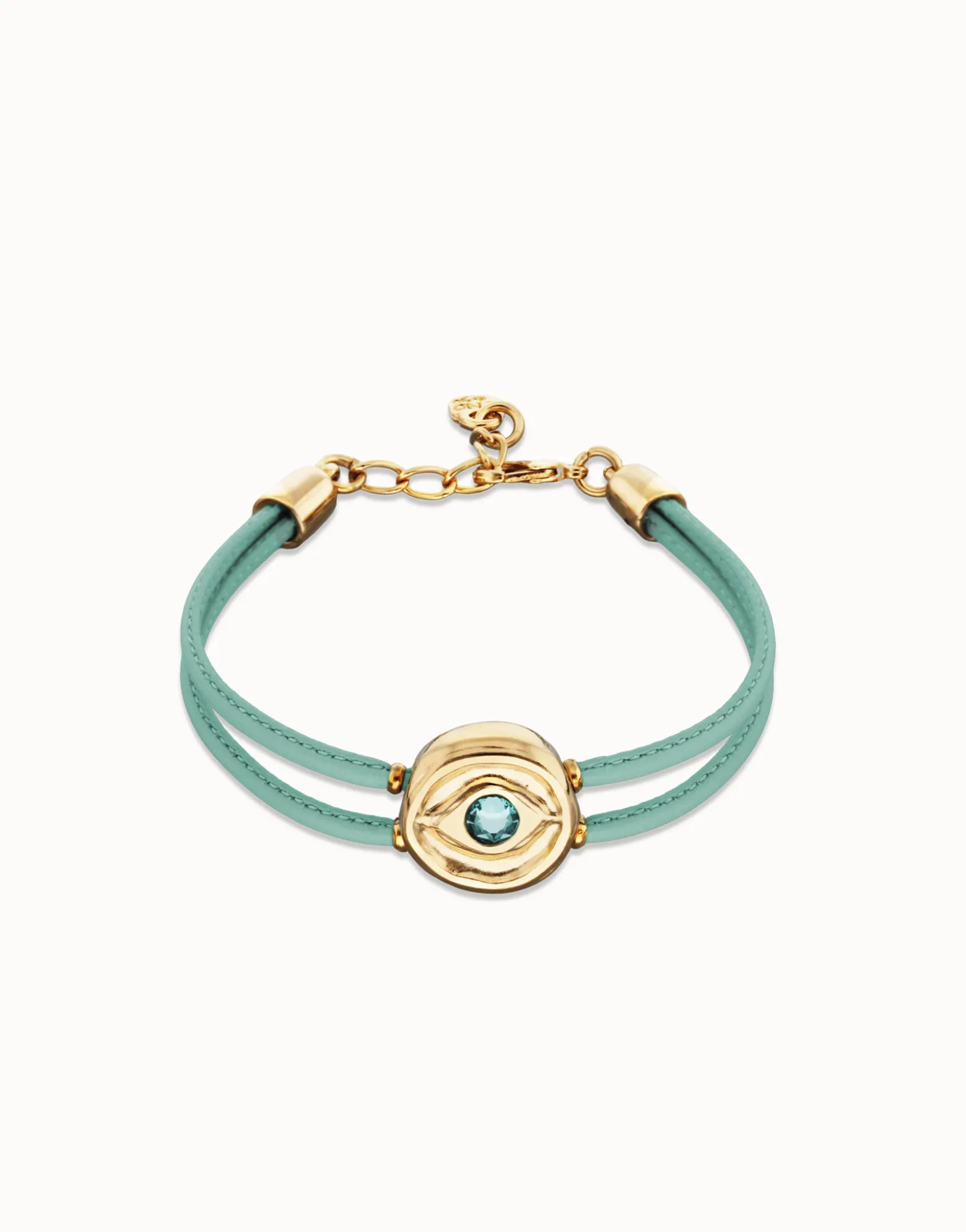 Pulsera doble de cuero turquesa con ojo bañado en oro 18k