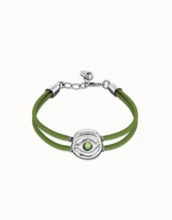 Pulsera doble de cuero verde con ojo bañado en plata de ley