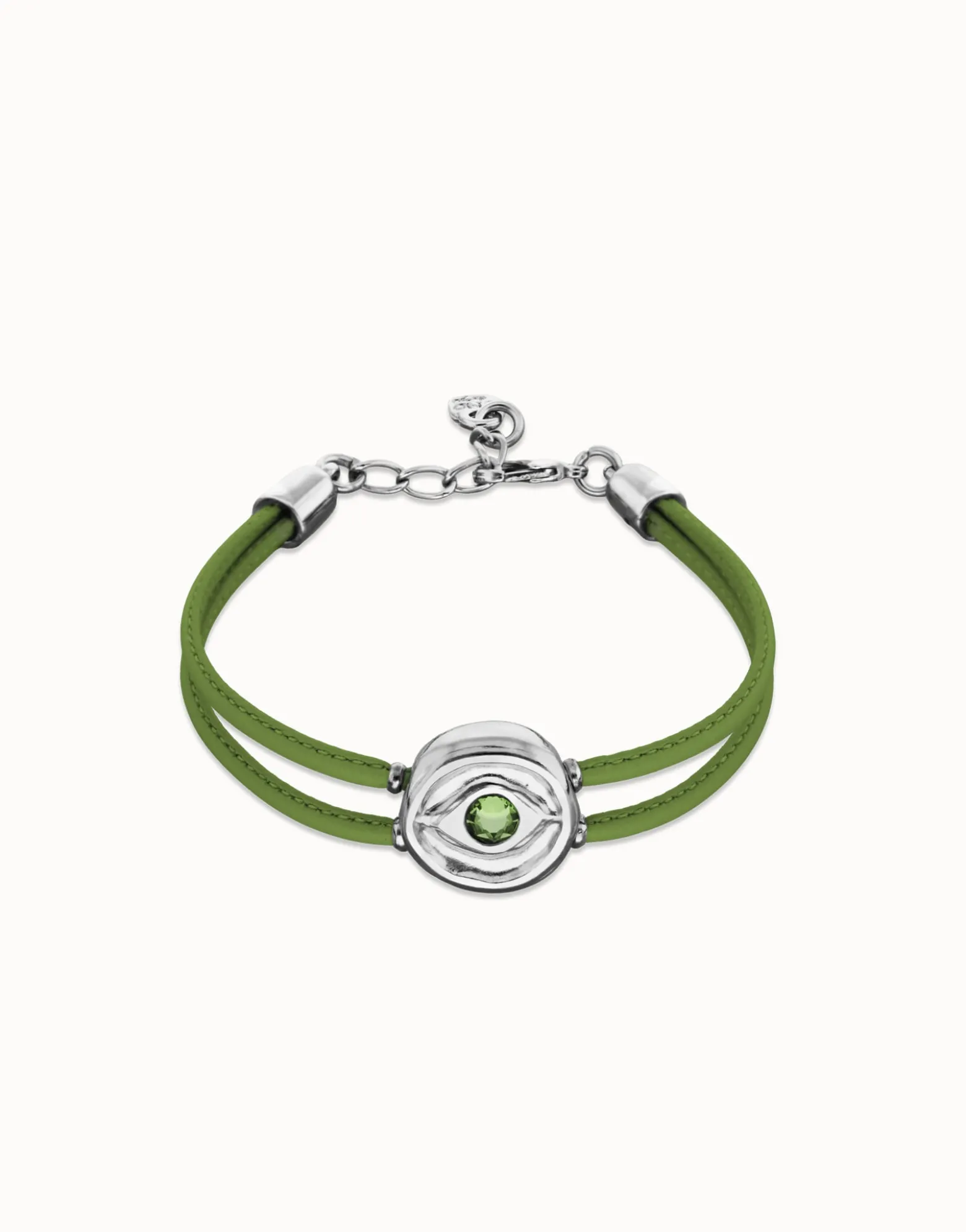 Pulsera doble de cuero verde con ojo bañado en plata de ley