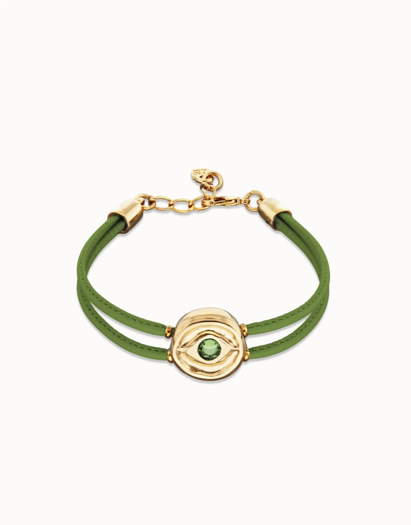 Pulsera doble de cuero verde con ojo bañado en oro 18k