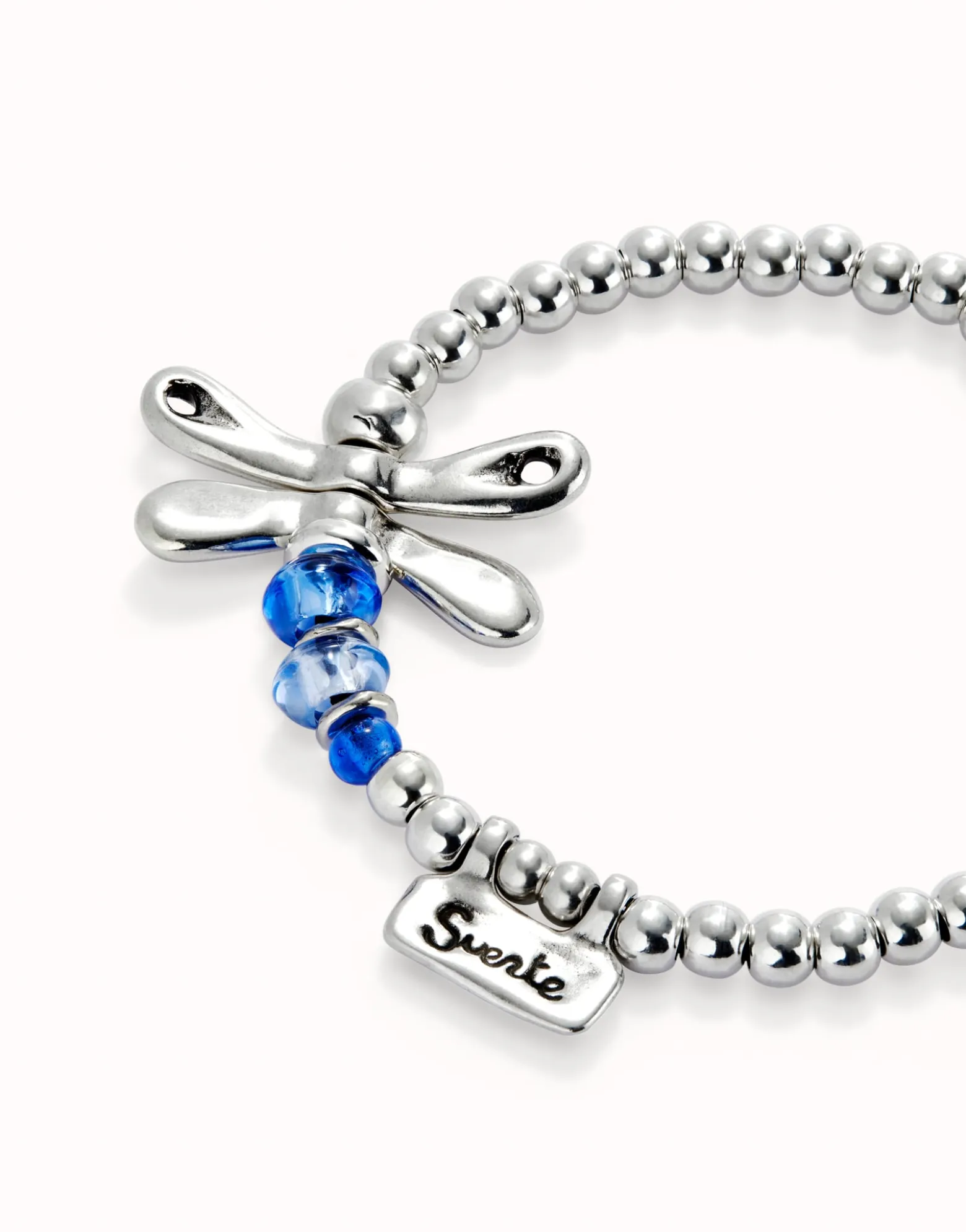 Pulsera elastica con libélula bañada en plata de ley con cristales azules