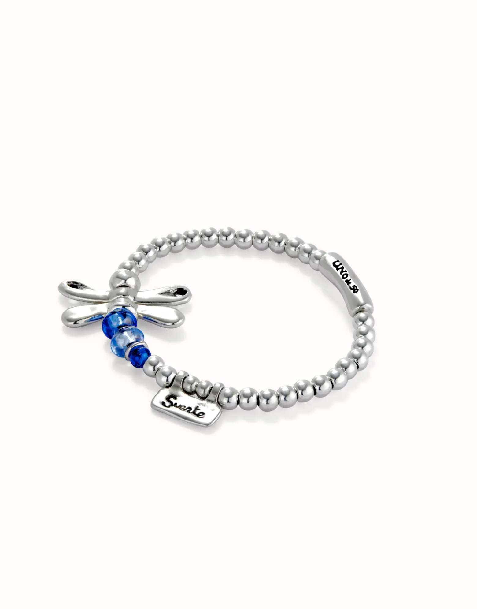 Pulsera elastica con libélula bañada en plata de ley con cristales azules
