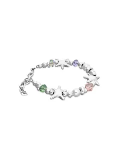 Pulsera elástica bañada en plata con cristales multicolor y estrellas de mar