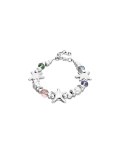 Pulsera elástica bañada en plata con cristales multicolor y estrellas de mar