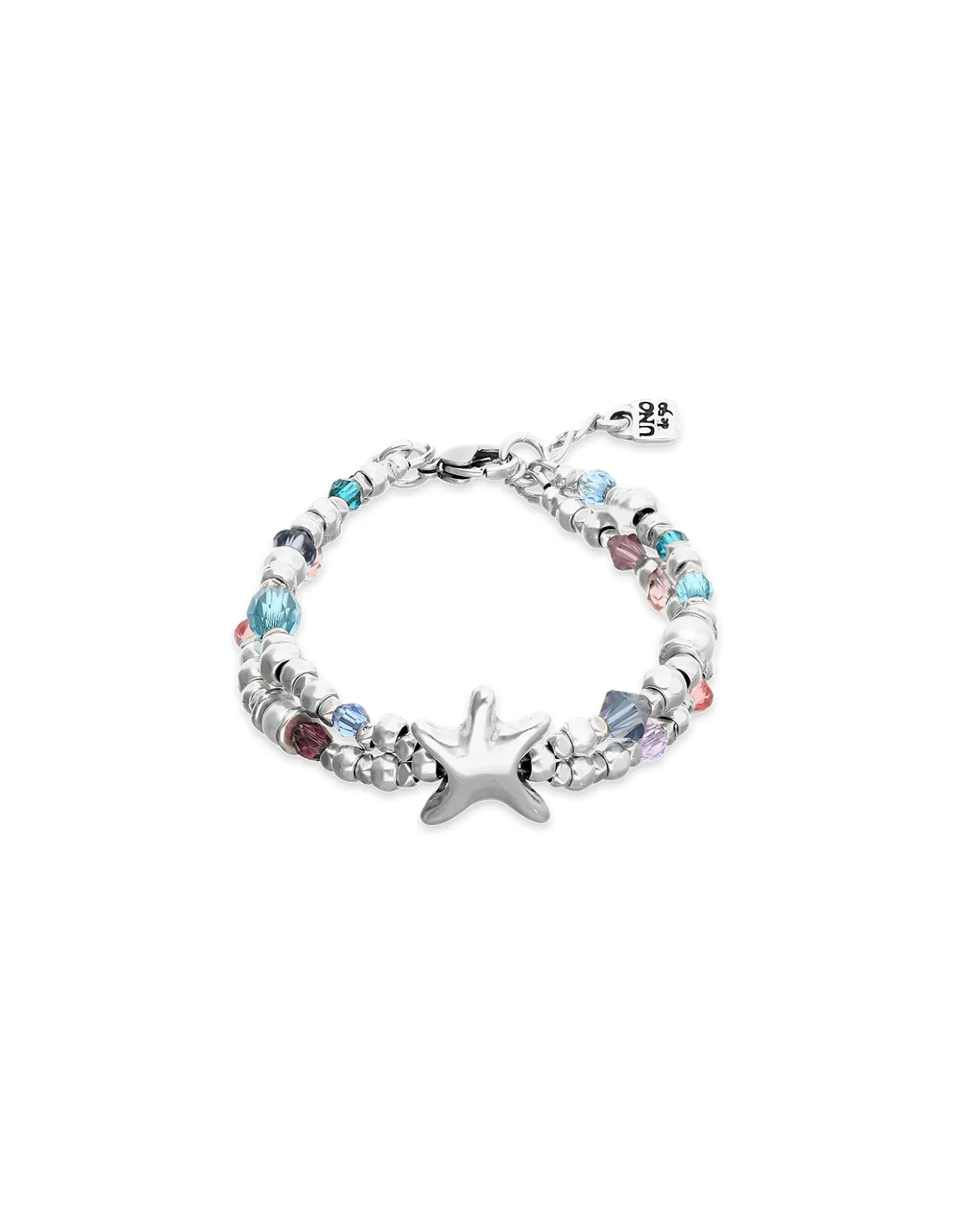 Pulsera elástica bañada en plata con cristales facetados y estrella de mar