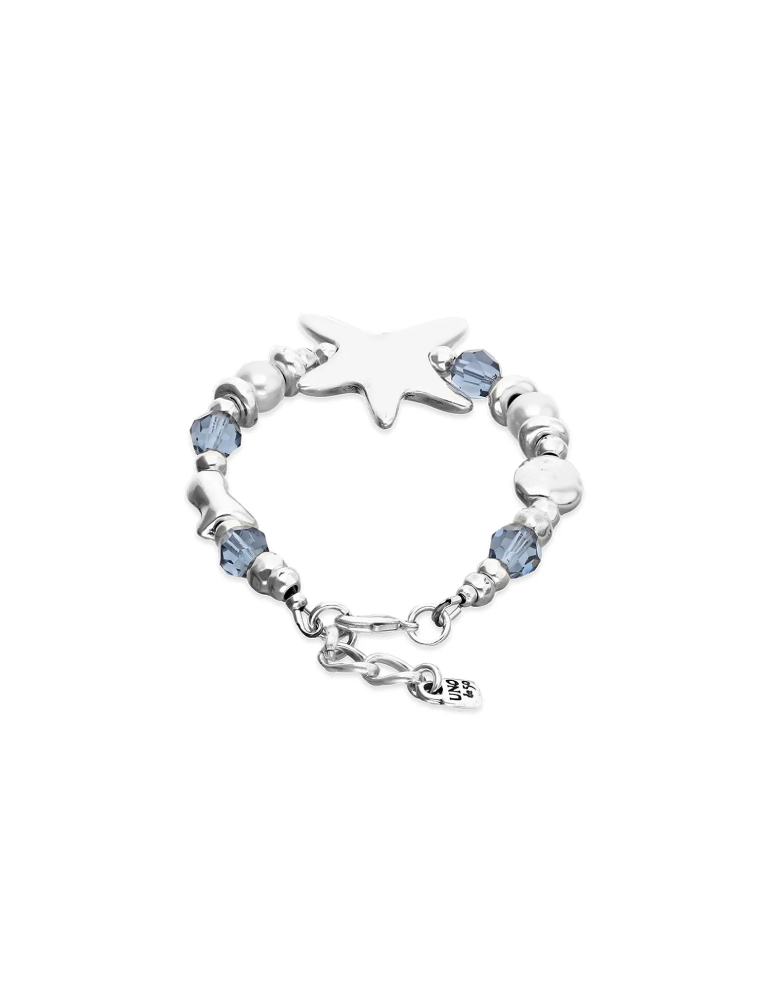 Pulsera elástica bañada en plata con cristales azules y estrella de mar