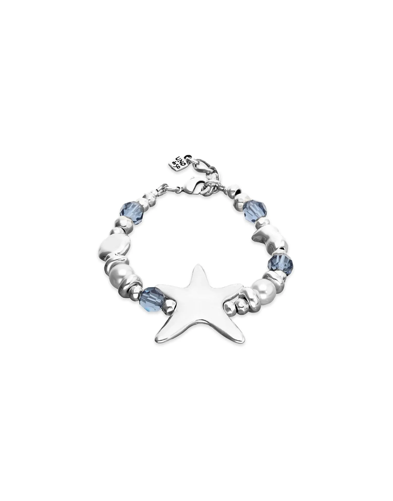 Pulsera elástica bañada en plata con cristales azules y estrella de mar