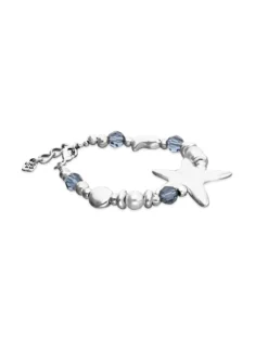 Pulsera elástica bañada en plata con cristales azules y estrella de mar