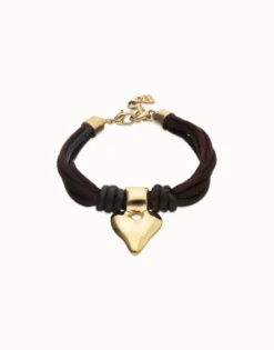 Pulsera en hilo de seda y cuero marrón con corazón bañado en oro 18k