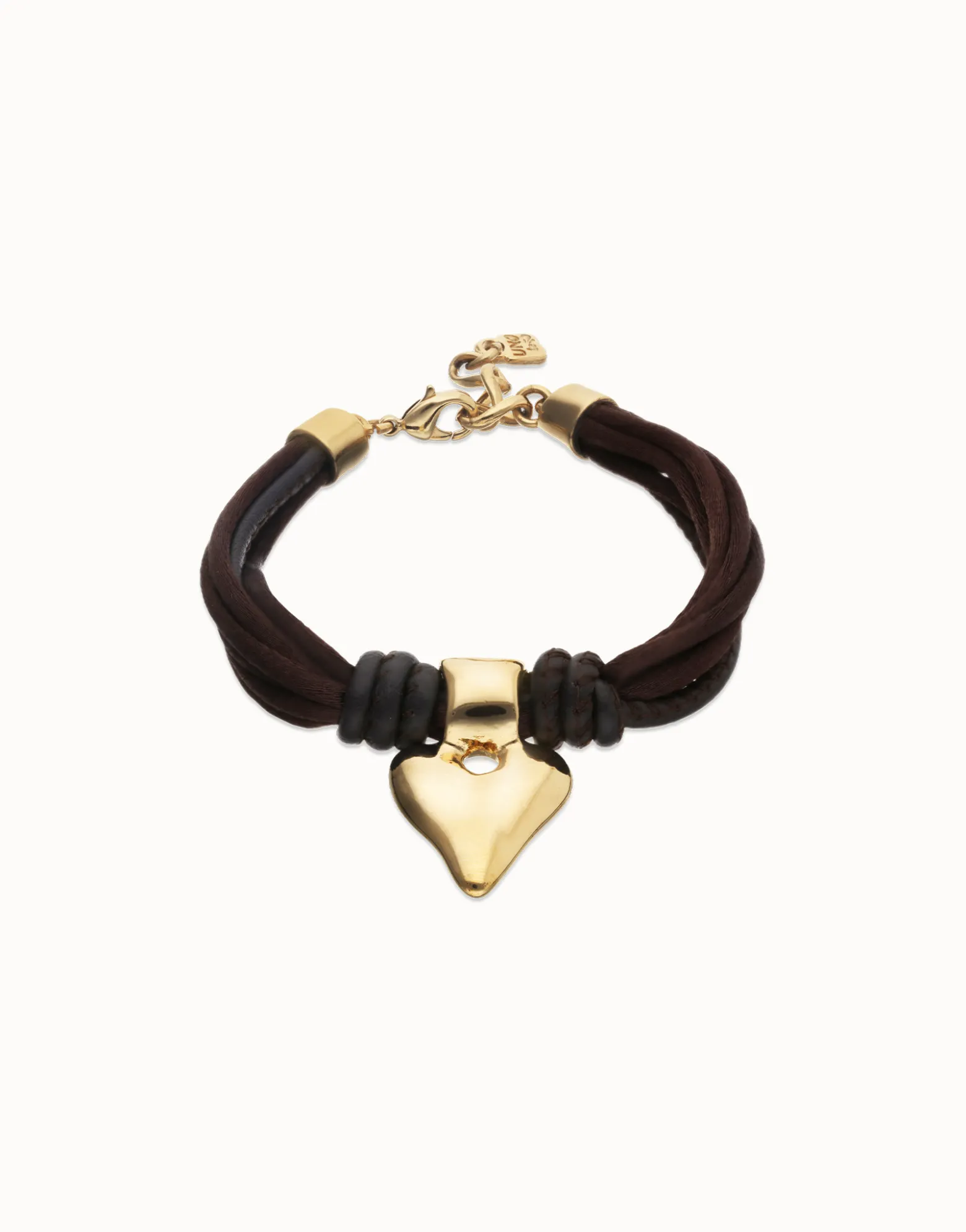 Pulsera en hilo de seda y cuero marrón con corazón bañado en oro 18k