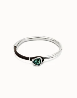 Pulsera fina bañada en plata de ley con cuero y cristal facetado verde