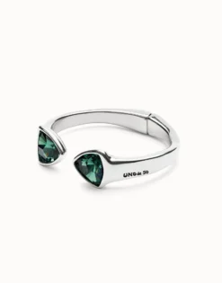 Pulsera gruesa bañada en plata de ley con dos cristales facetados verdes
