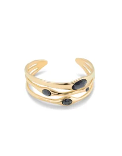 Pulsera rígida bañada en oro 18k con 2 cristales grises, 1 blanco y 1 rosa