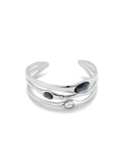 Pulsera rígida bañada en plata de ley con 2 cristales grises, 1 blanco y 1 rosa
