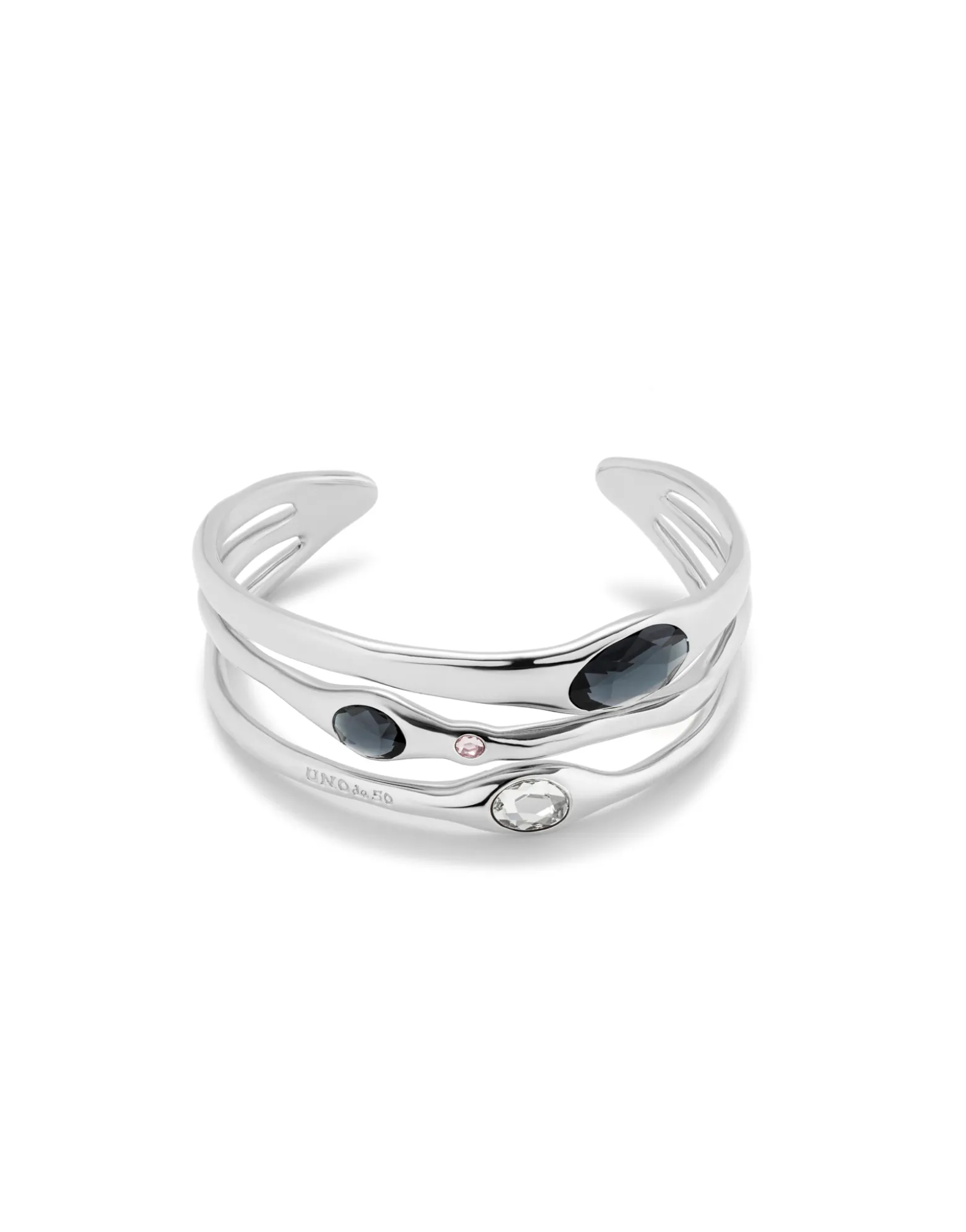 Pulsera rígida bañada en plata de ley con 2 cristales grises, 1 blanco y 1 rosa