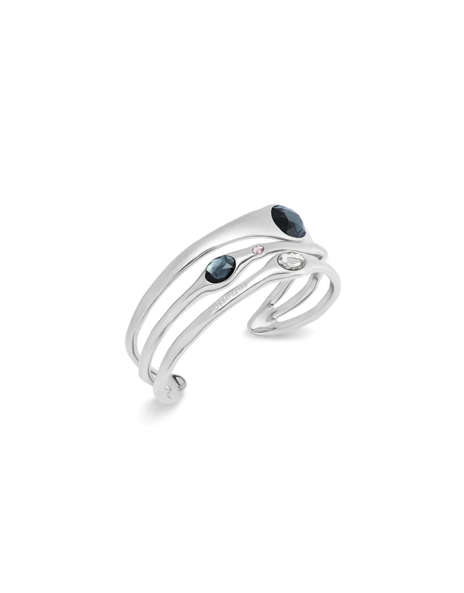 Pulsera rígida bañada en plata de ley con 2 cristales grises, 1 blanco y 1 rosa