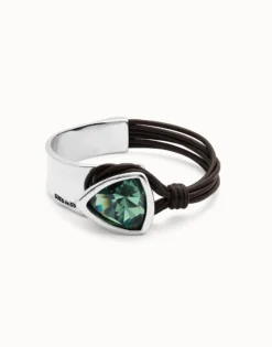 Pulsera rígida bañada en plata de ley con cuero y cristal facetado verde