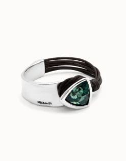 Pulsera rígida bañada en plata de ley con cuero y cristal facetado verde
