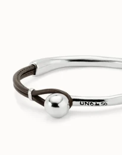 Pulsera semirígida bañada en plata de ley con cuero de color marrón