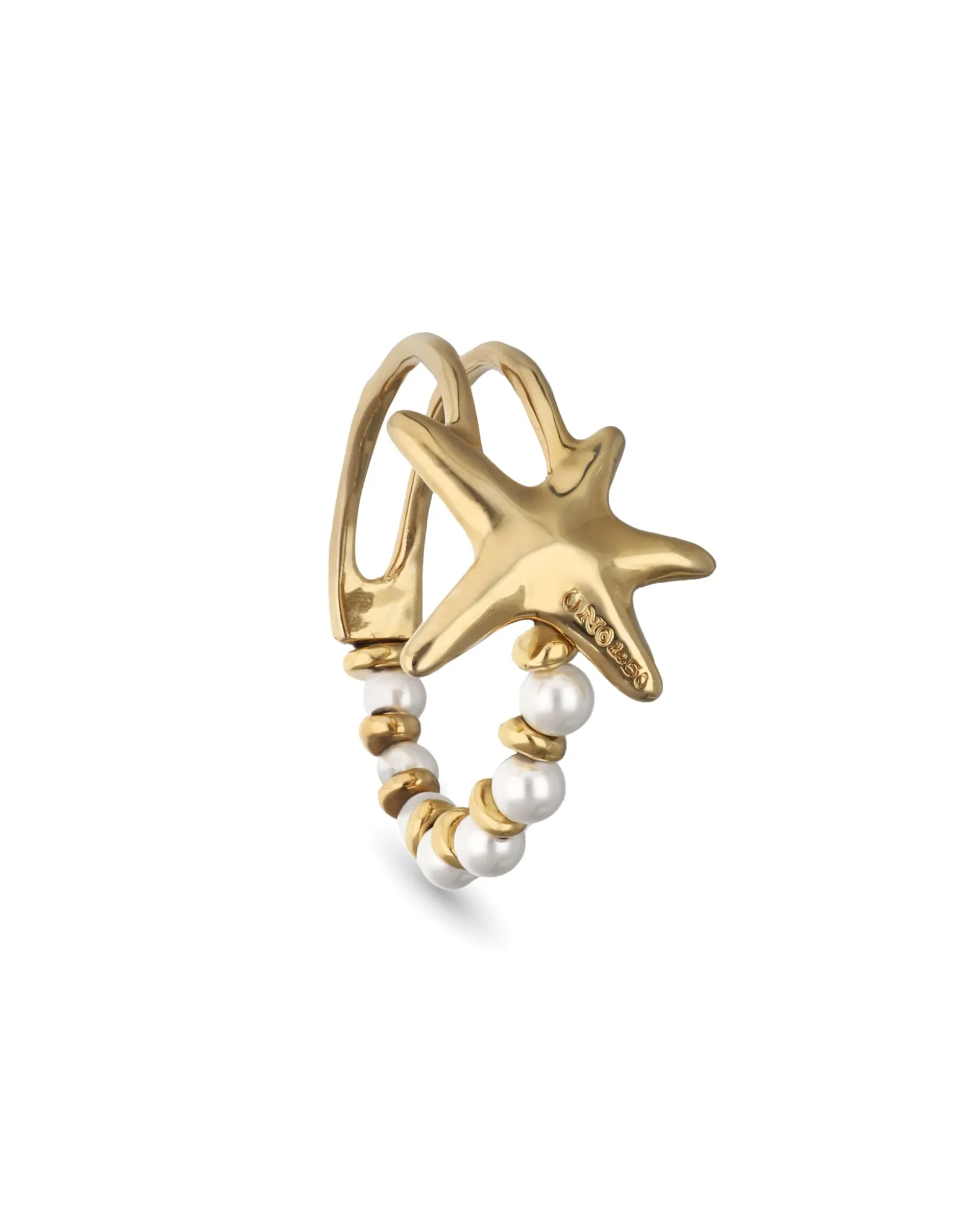 Pulsera semirrígida bañada en oro con perlas y estrella de mar