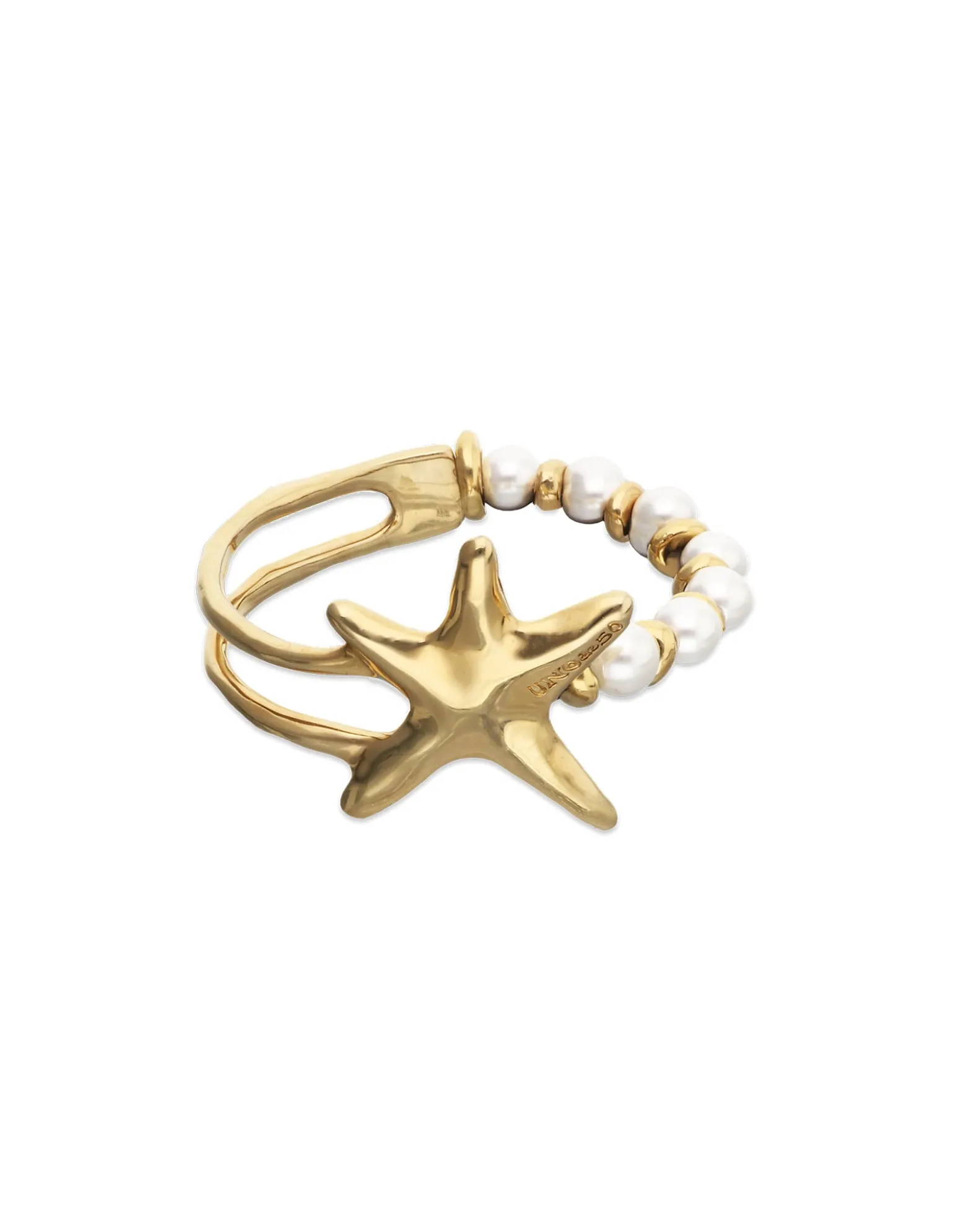 Pulsera semirrígida bañada en oro con perlas y estrella de mar